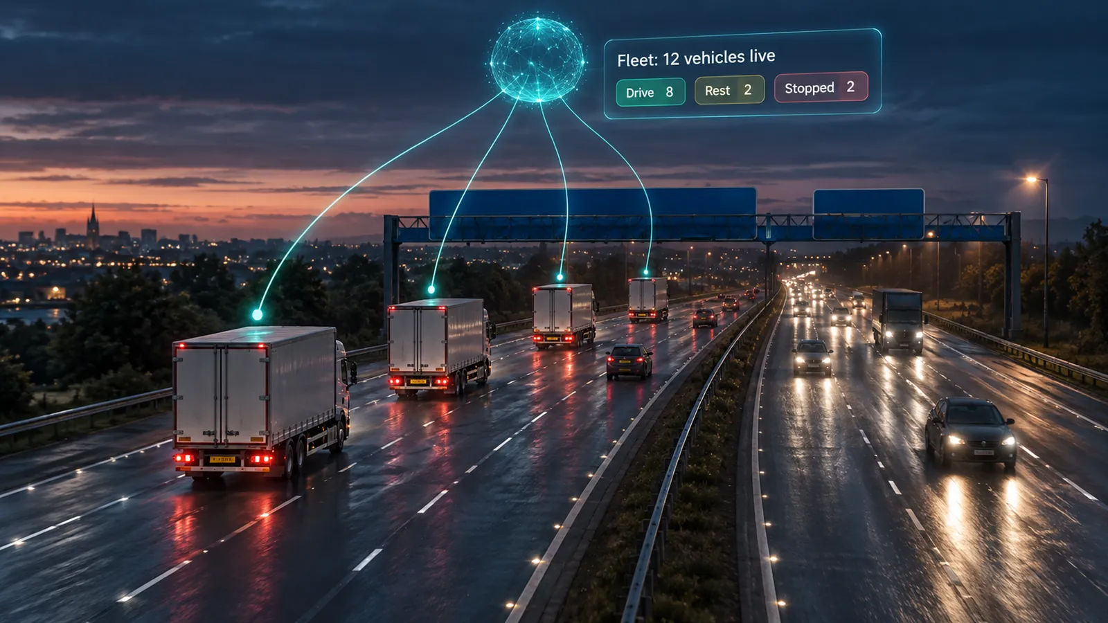 Lorries on a motorway at dusk, each linked to a live fleet status panel