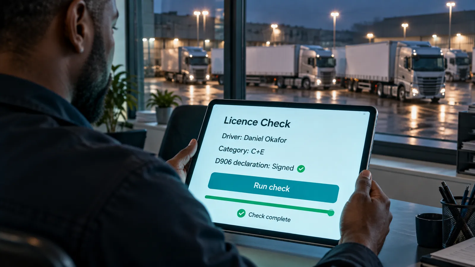Transport manager running a driver licence check on a tablet, with the driver’s D906 declaration signed