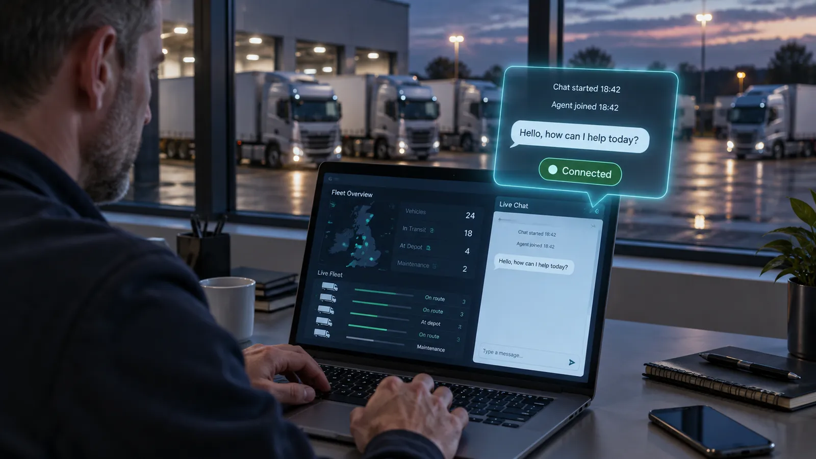 Fleet manager starting a live chat with TecHGV support from the fleet dashboard