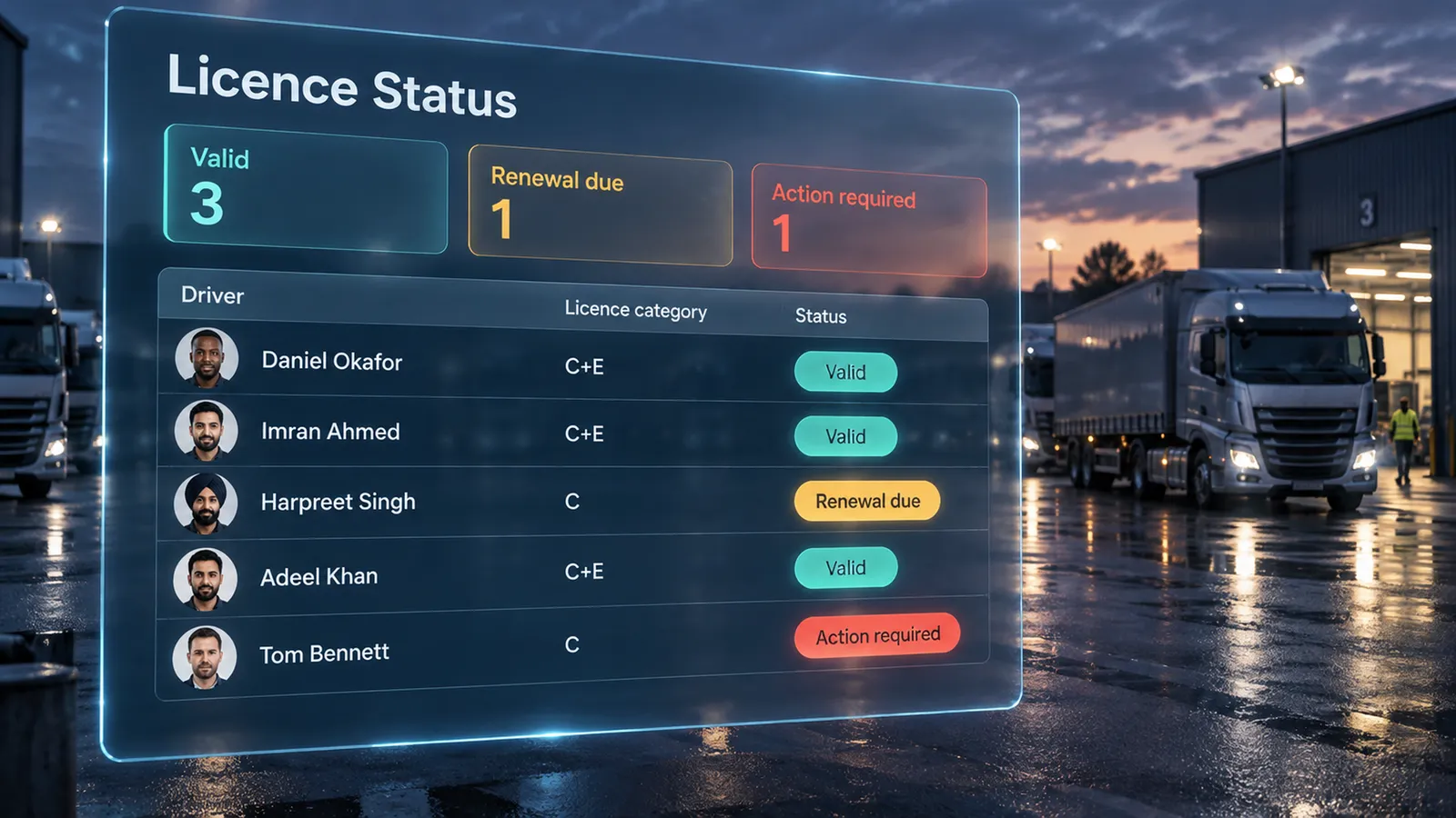 Licence status board: valid, renewal due and action required drivers
