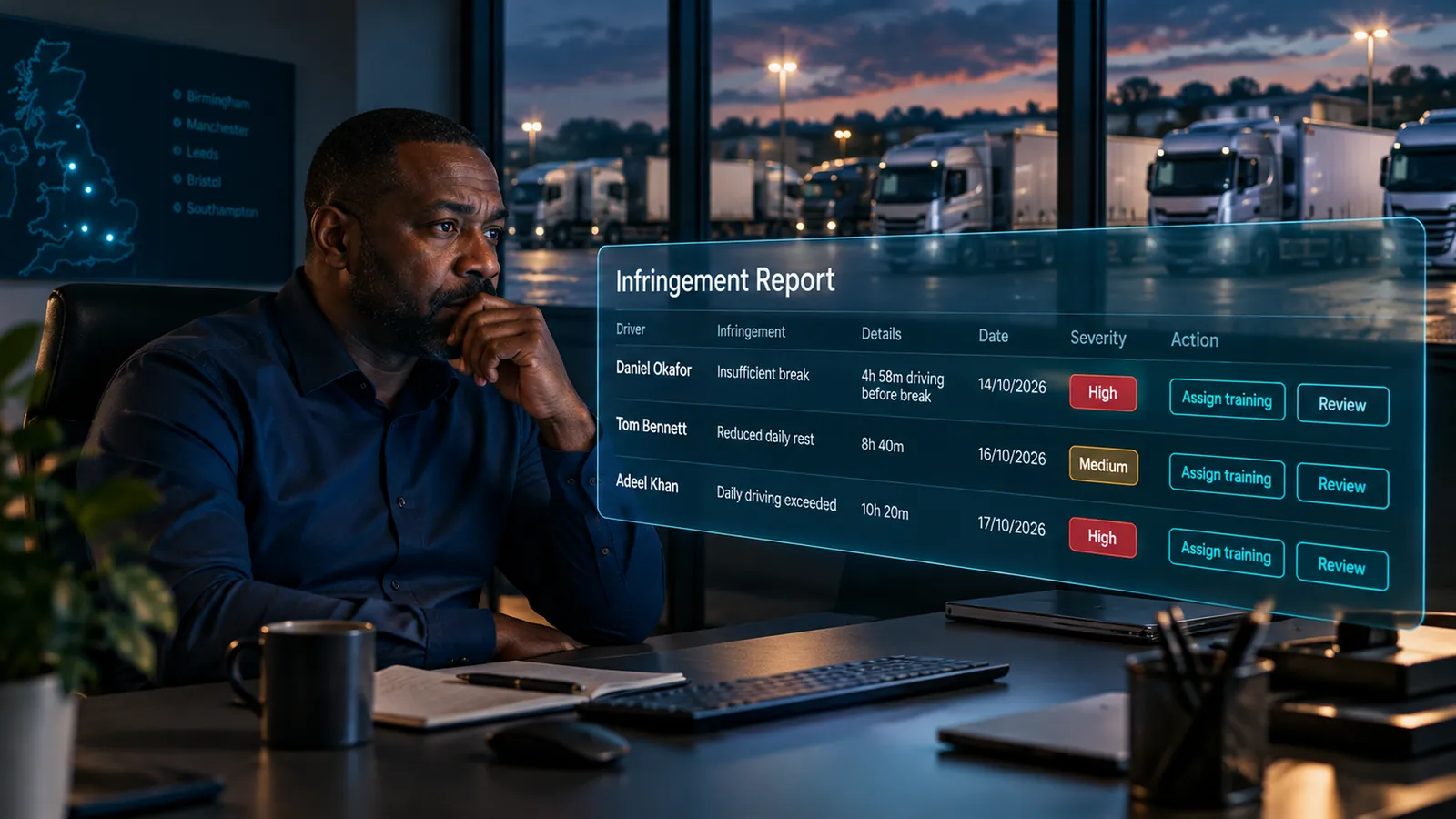 Transport manager reviewing an infringement report with severity and actions