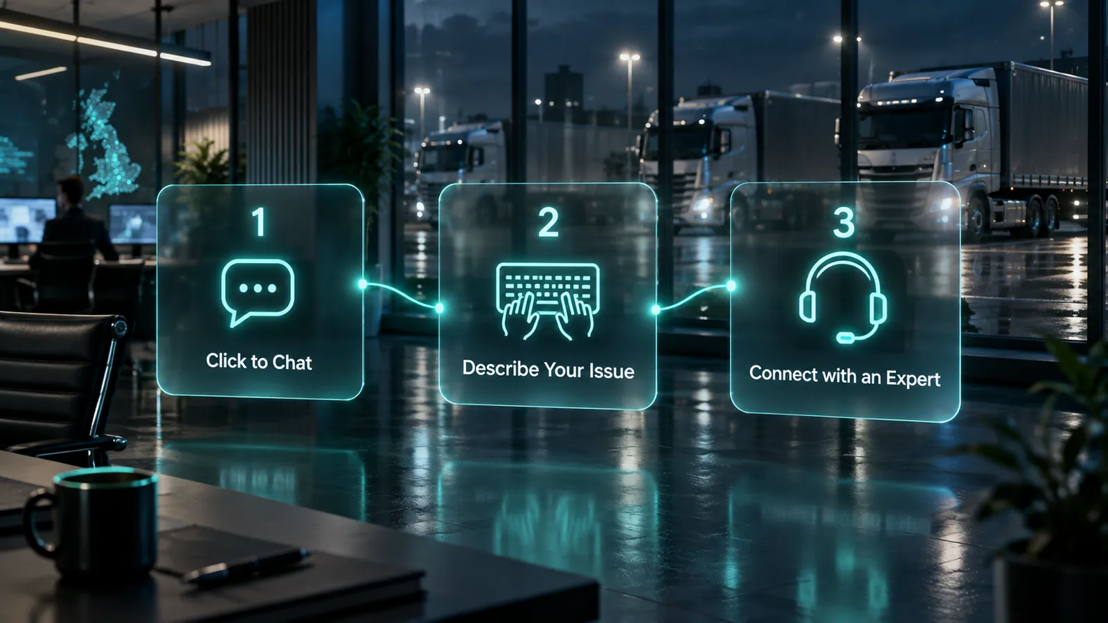 Three steps: click to chat, describe your issue, connect with an expert