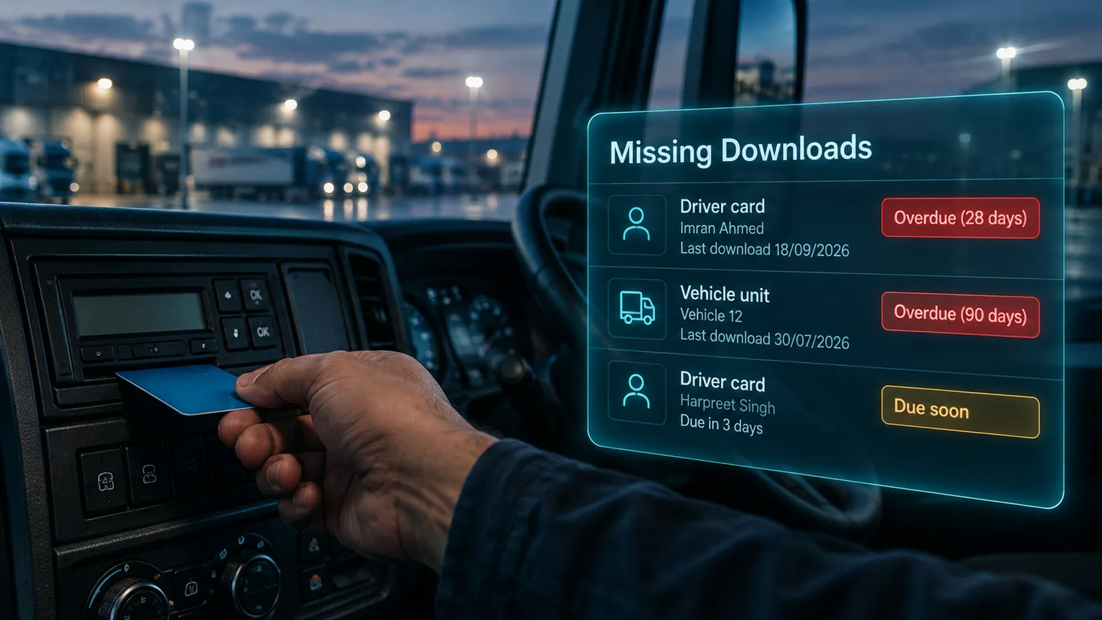 Missing downloads list: overdue driver card and vehicle unit downloads