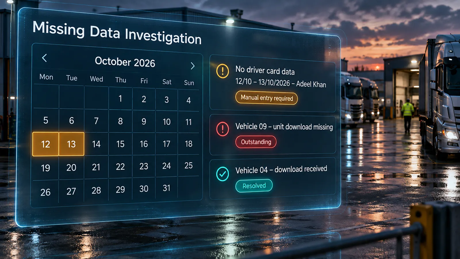 Missing data investigation calendar with missing driver card data and outstanding downloads