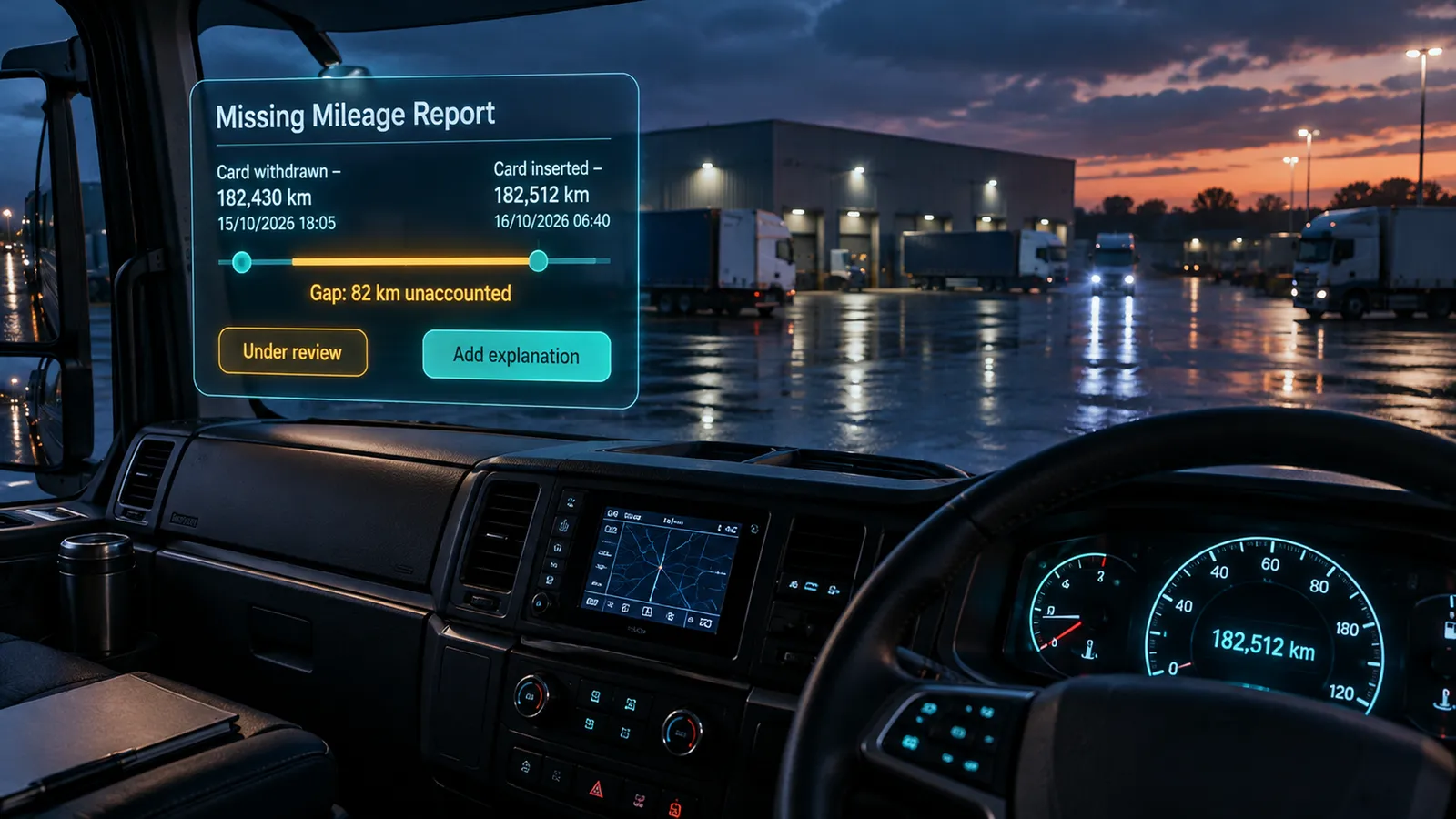 Missing mileage report showing an unaccounted gap between card withdrawal and insertion