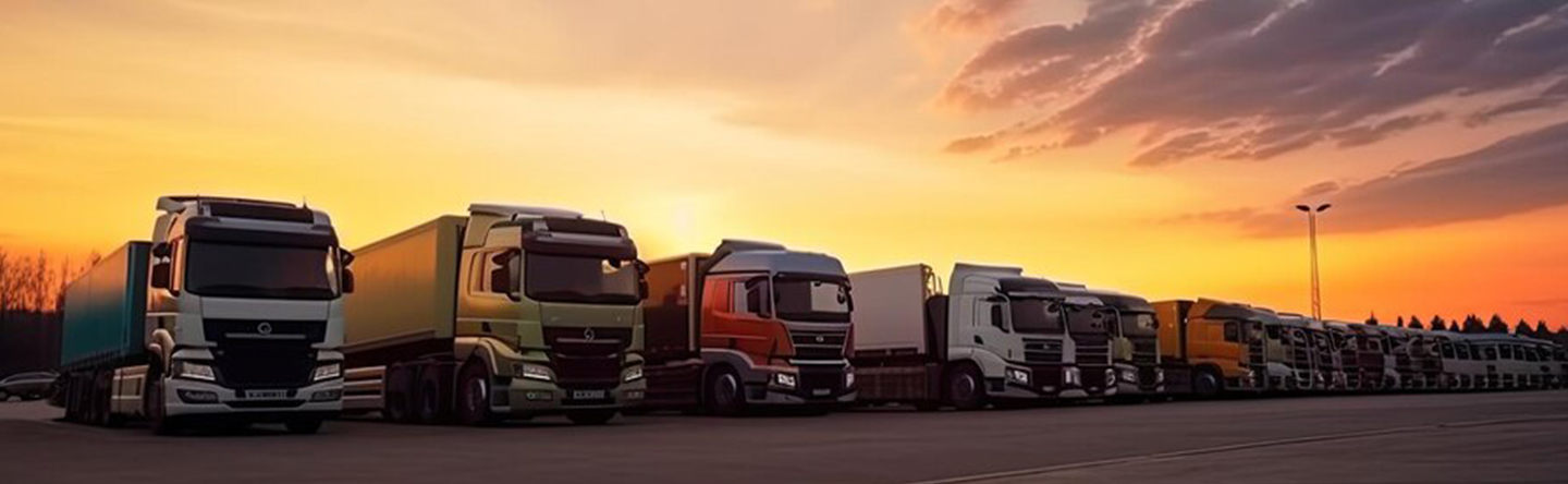A row of lorries parked at sunset