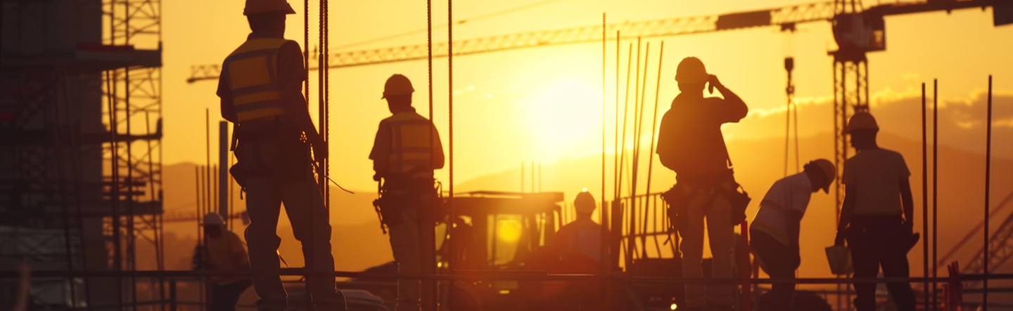 Construction workers silhouetted at sunset