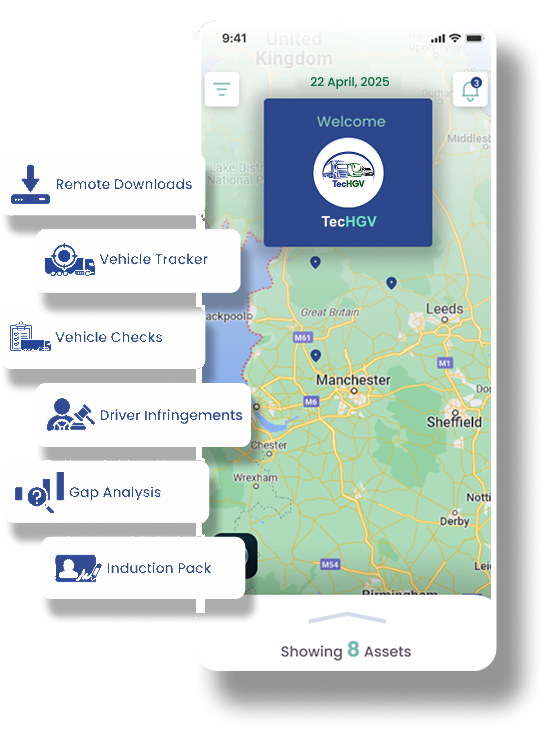 TecHGV app: the fleet map with the main features listed beside it