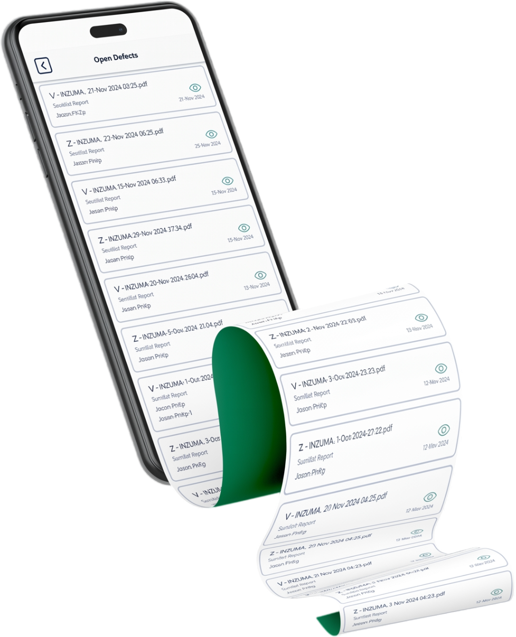 Open defect reports in the TecHGV driver app, with a PDF report scrolling out