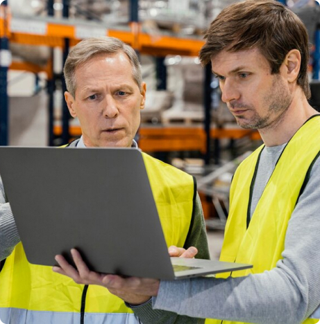 Two engineers in hi-vis reviewing a laptop