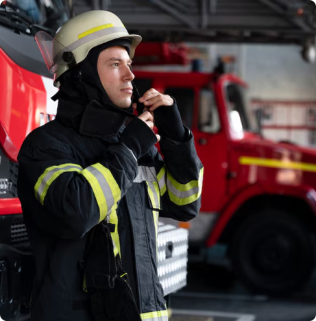 A firefighter beside a red fire engine