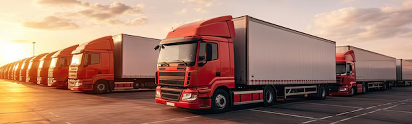A red lorry and trailer parked at a depot