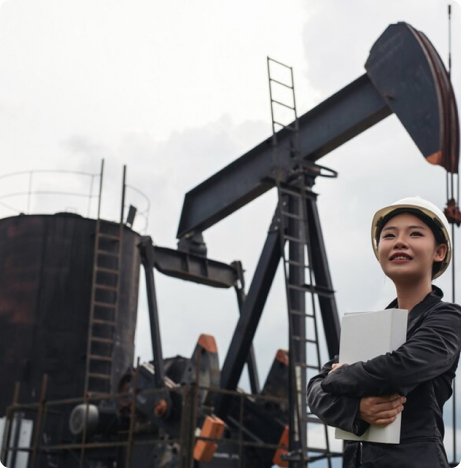 An engineer beside an oil pump jack