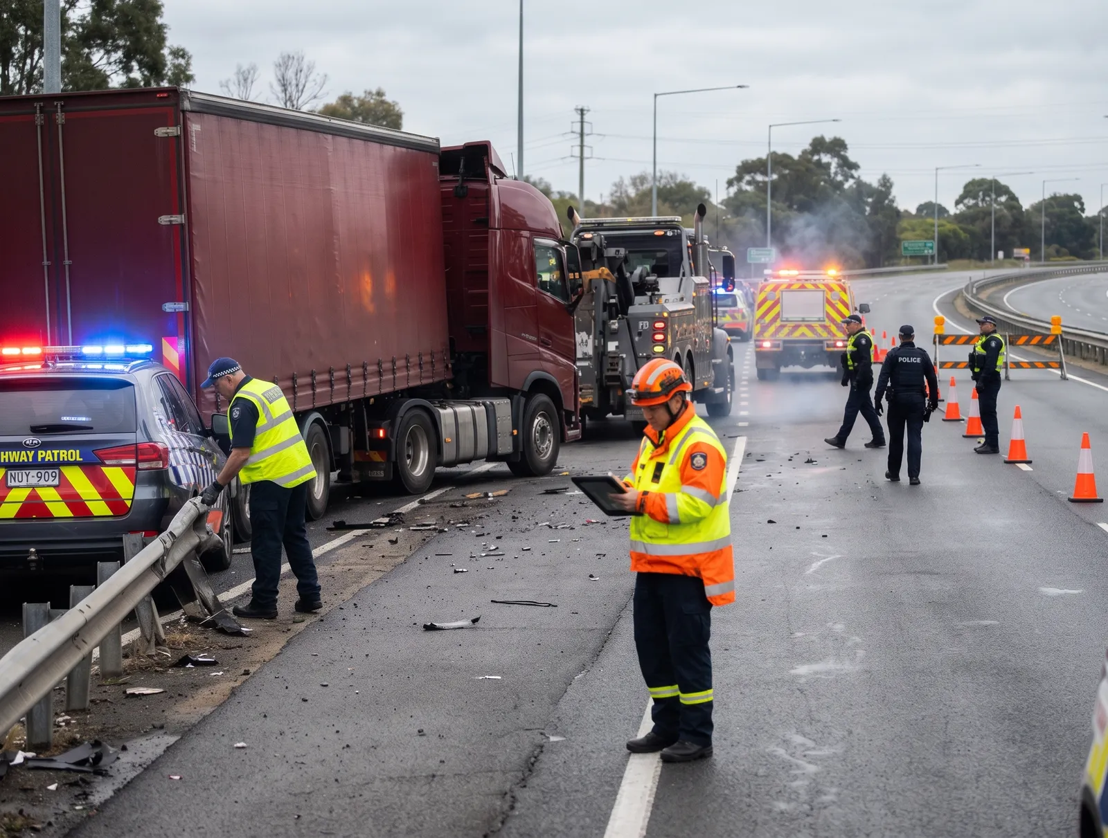 Driver photographing minor damage to a lorry at the roadside with a smartphone to report an accident