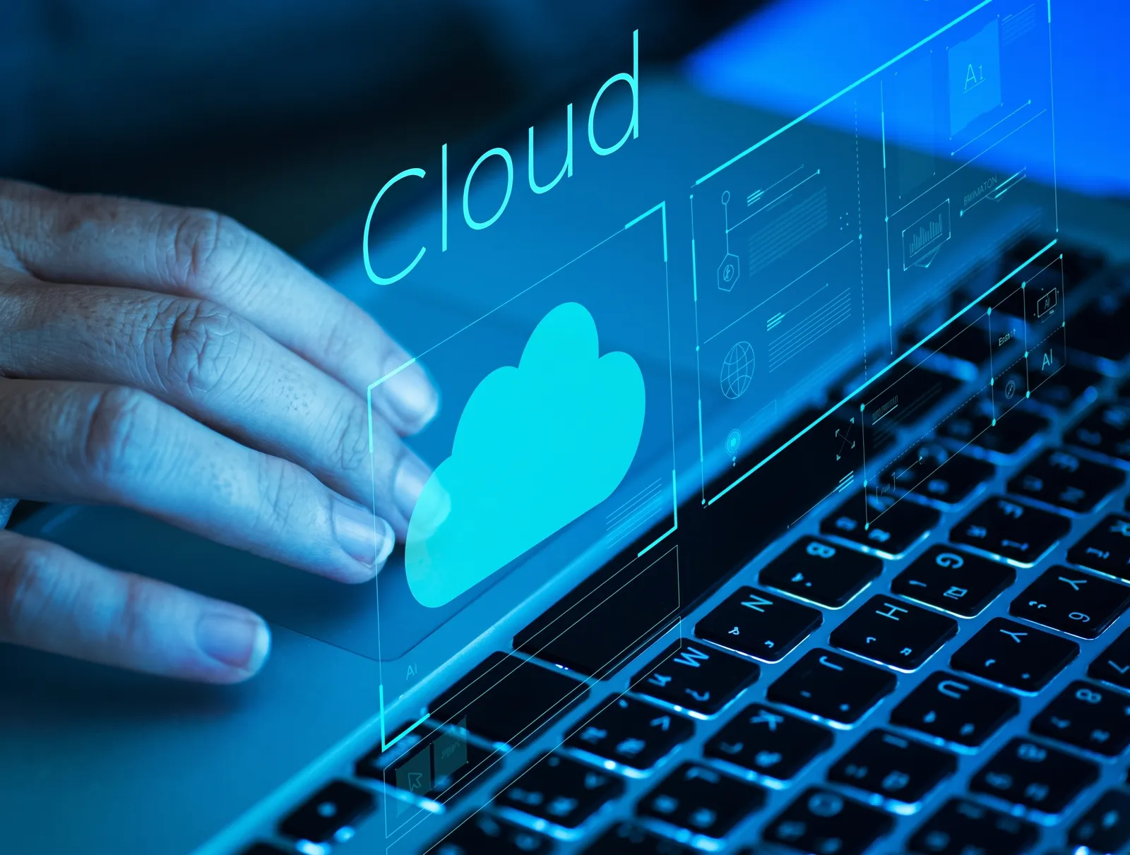 Tachograph data uploading from a lorry to secure cloud storage, shown as glowing data streams