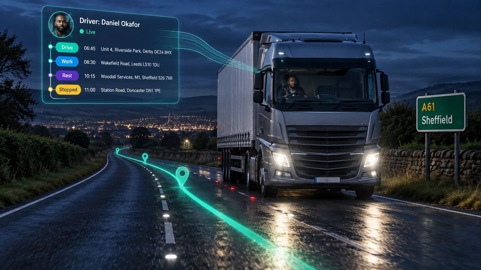 HGV on the A61 near Sheffield at dusk, with its driver's live timeline: drive, work, rest and stopped with times and locations