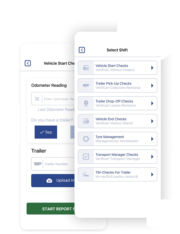 TecHGV driver app: the vehicle start check form and the list of shift checks