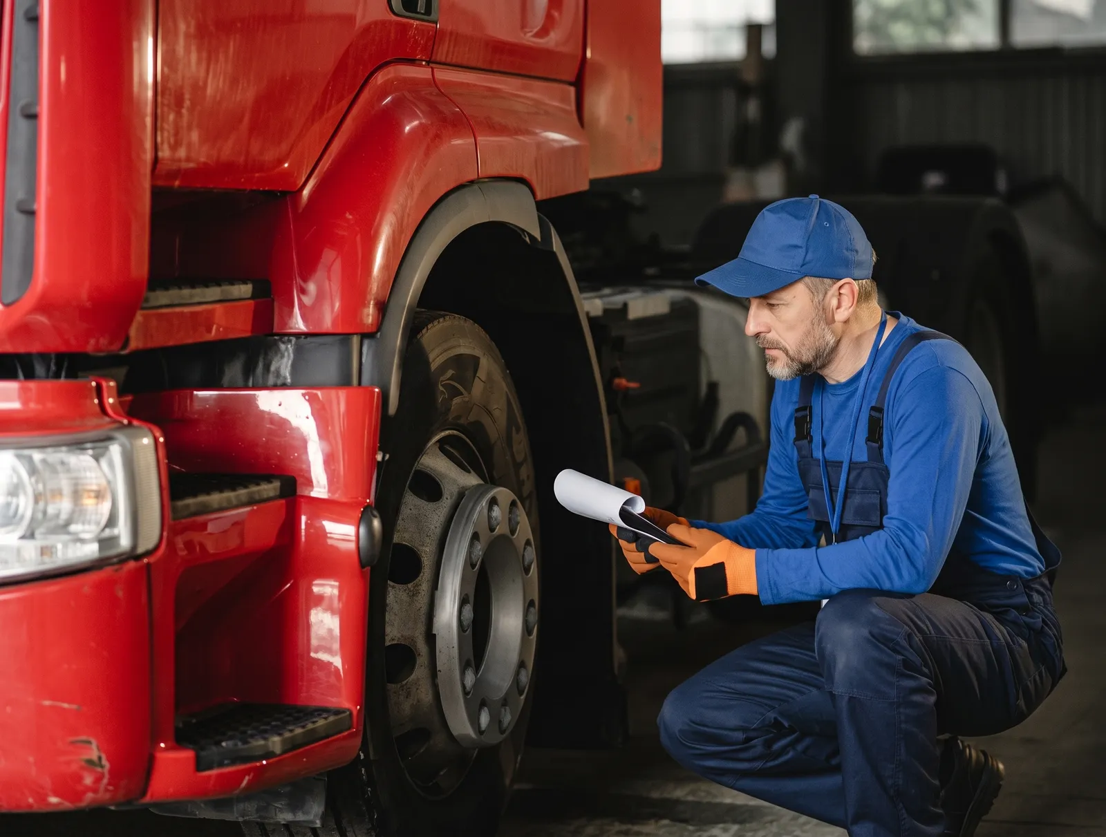 Mechanic checking an HGV wheel during a vehicle inspection